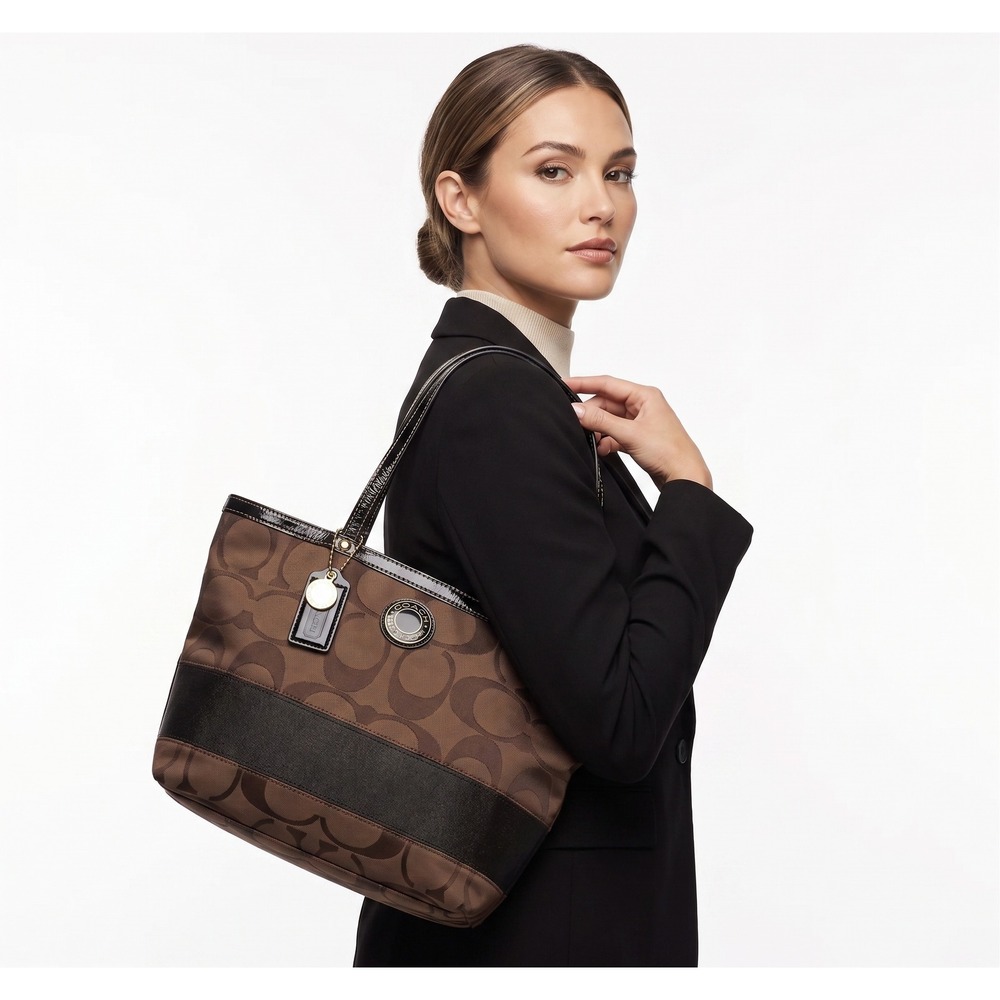 Coach Tote Bag Brown Black Signature Canvas Patent Trim F20018 Vintage
